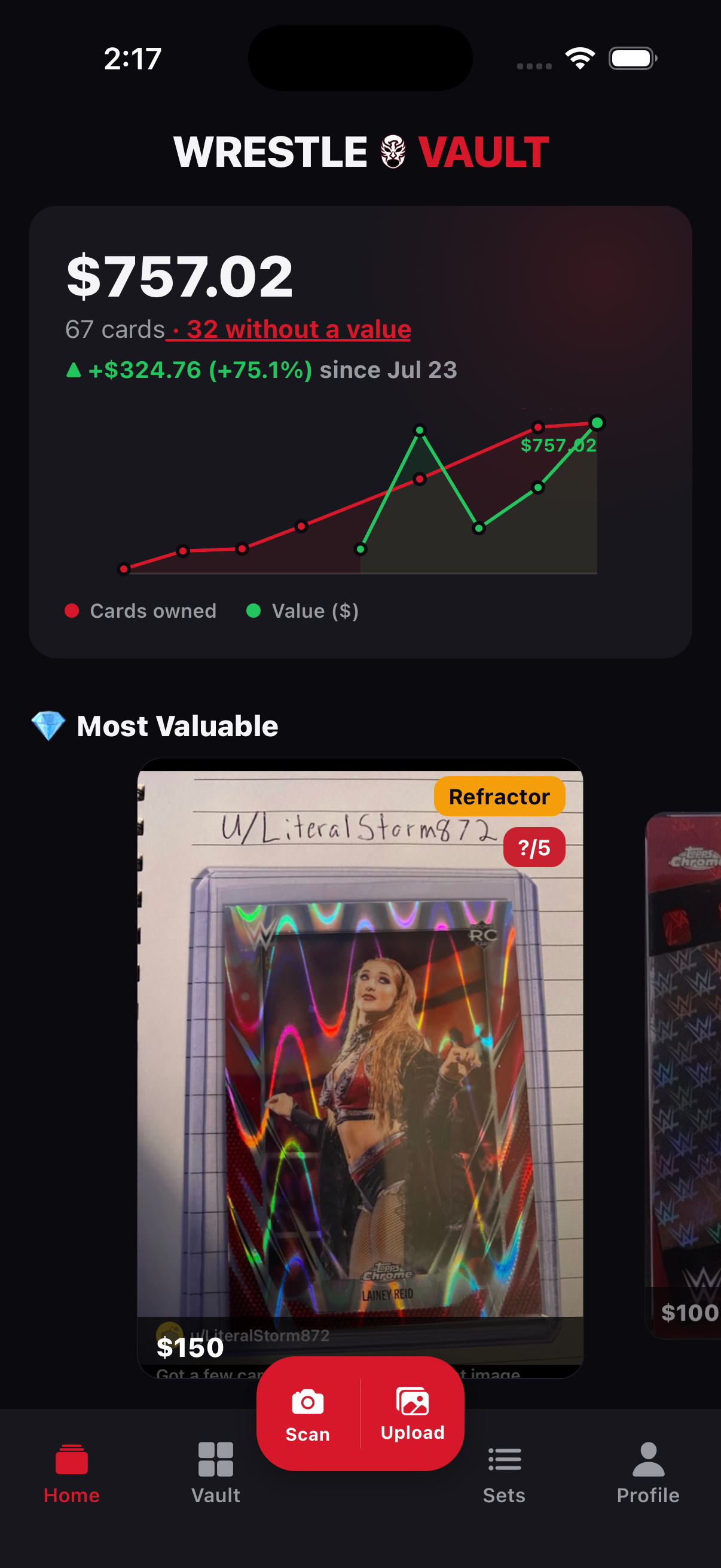 WrestleVault home dashboard — collection value and most valuable card